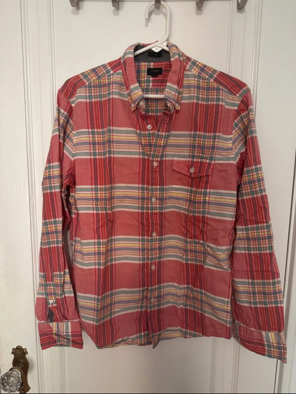 J. Crew Coral Plaid Long-Sleeve Button-Down Shirt